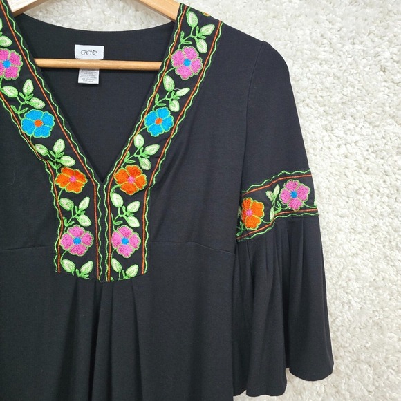 Cache Dress Womens Medium Black Short Bell Sleeve Embroidered Boho Festival - Picture 3 of 14